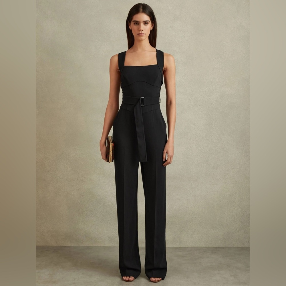 NWT Reiss KIM CROSS BACK BELTED JUMPSUIT IN BLACK Sleeveless size 4